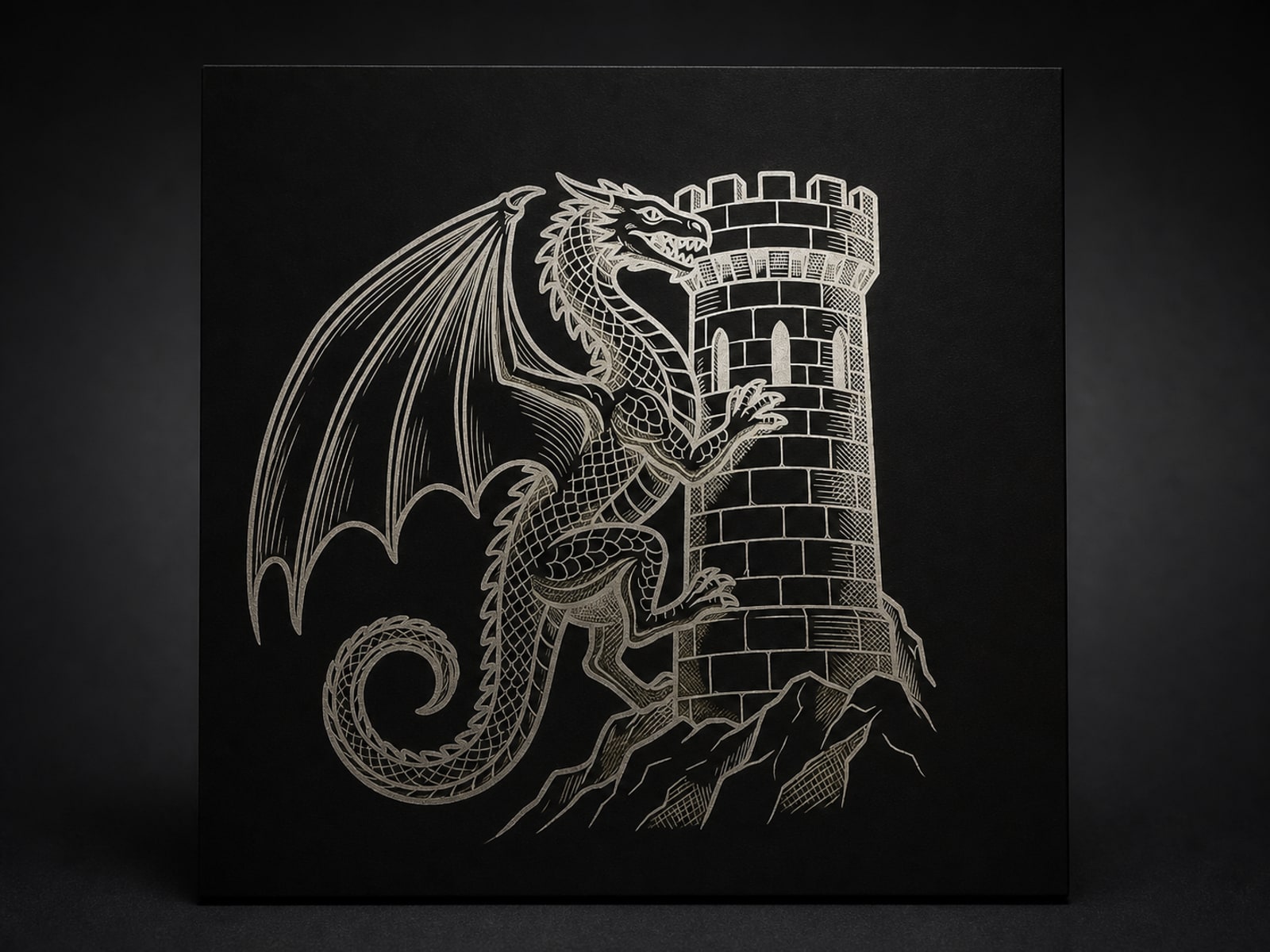 Silver dragon and castle line artwork engraved on a black panel